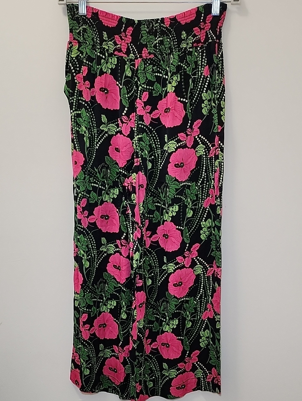 Anthropologie Maeve The Saria Smocked Wide-Leg Floral Pants Kelly Green/Pink S - Picture 3 of 16